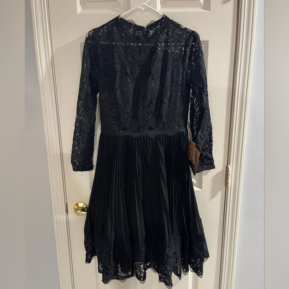 NWT Light In The Box‎ Womens Black Lace High Neck Long Sleeve Pleated Midi Dress